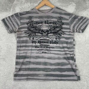 Y2K Archaic Skull Shirt Mens Large Gray Cyber Grunge Striped Gothic Skater